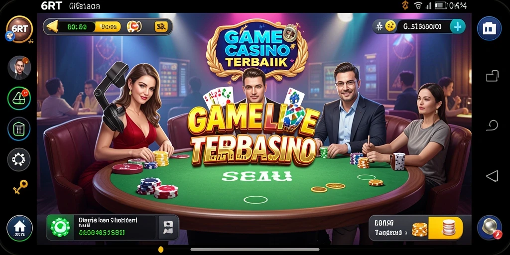 Screenshot gameplay 6RT dengan dealer langsung dan suasana kasino yang menarik.