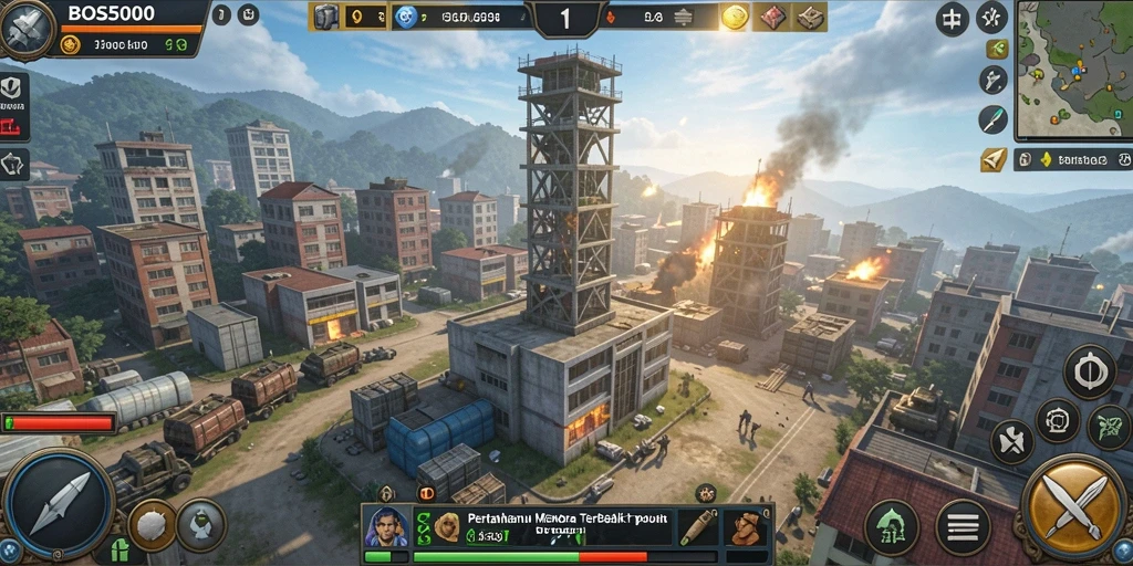 Tampilan menara yang megah melawan gelombang musuh dalam BOS5000.