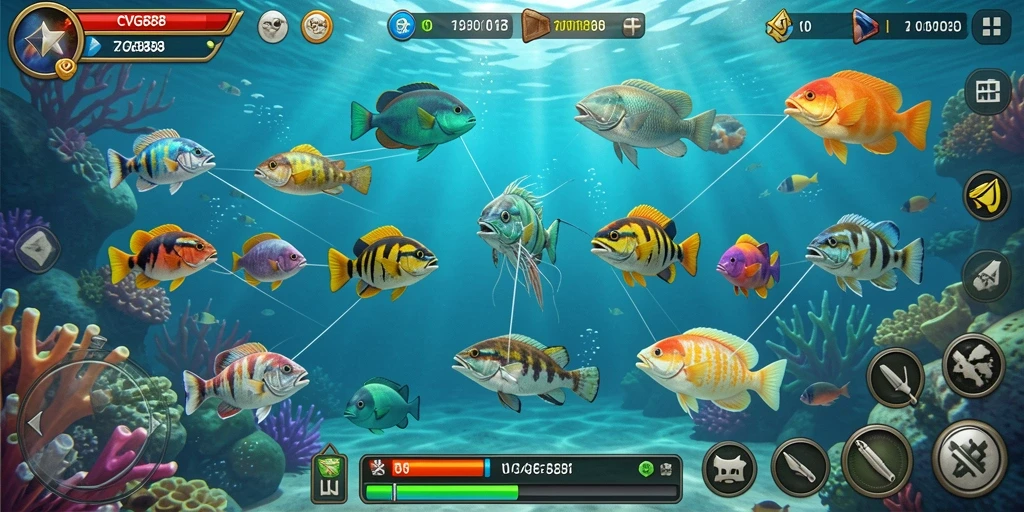 Tampilan gameplay seru dalam CVG8888 dengan aksi menembak ikan.