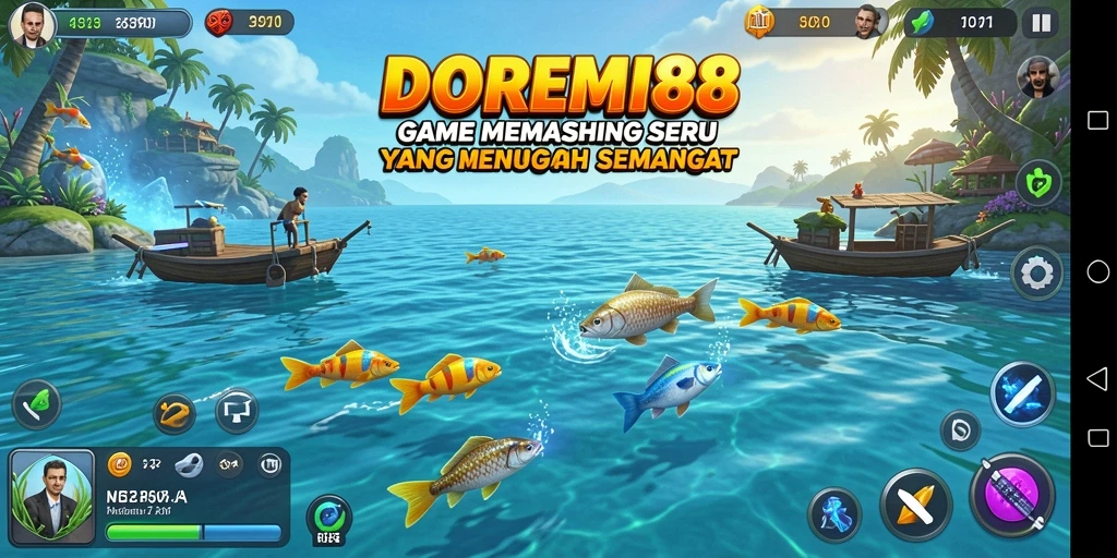 Tampilan gameplay DOREMI88 yang menarik saat memancing di lokasi eksotis.